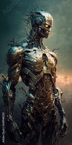 Artificial intelligence robot  human body  metallic  modern  futuristic. Generative AI.