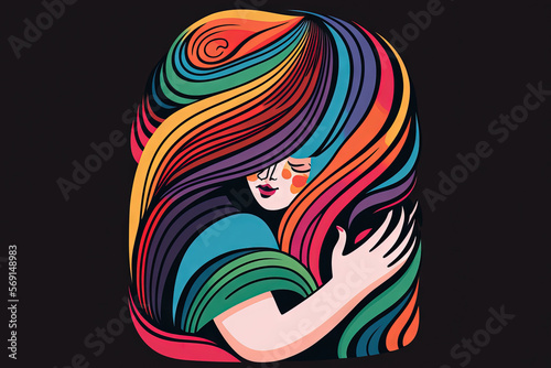 a woman hugging her-self  and smiling  colorful illustration  clean lines  black background  folk art  sticker margins  Generative AI