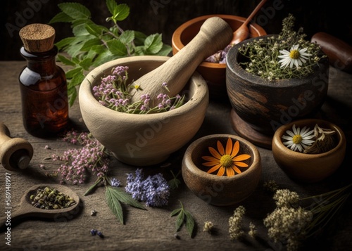 On a rustic wood background  a natural herbal medicine assortment is displayed with herbs and flowers in wooden bowls  loose essential oils for aromatherapy  and mortar and pestle. looking up