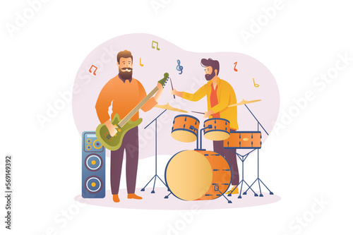 Music concept with people scene in the flat cartoon design. Two friends play guitar and drums and make cool music. Vector illustration.