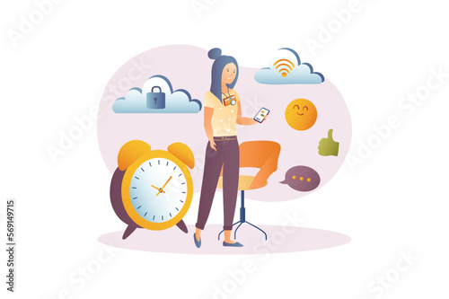 Social media concept with people scene in the flat cartoon design. Girl checks social networks to keep up with all the news. Vector illustration.