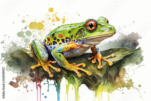 Isolated, Watecolor Green Frog, Cute Drawing, Frog Vactor, Frog on White Background, Generative Ai photo
