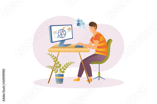 WEB elements concept with people scene in the flat cartoon design. Man serf on the Internet and looking for various system elements. Vector illustration.