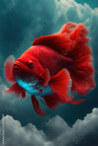 Tropical fish. Color graphic portrait of a fighting fish on a clouds background in a surreal style. Generative AI