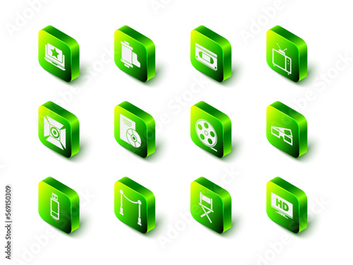 Set Camera vintage film roll cartridge, VHS video cassette tape, Retro tv, 3D cinema glasses, Smart display with HD, Film reel, Director movie chair and Carpet barriers icon. Vector