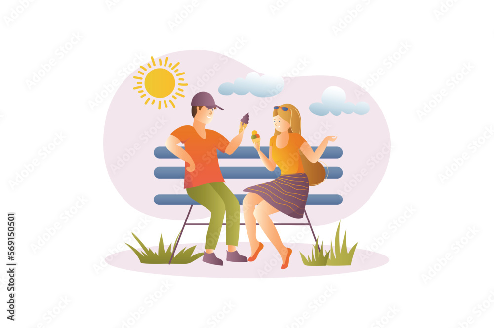 Summer concept with people scene in the flat cartoon design. Girl and boy eat ice cream in park during a summer walk. Vector illustration.
