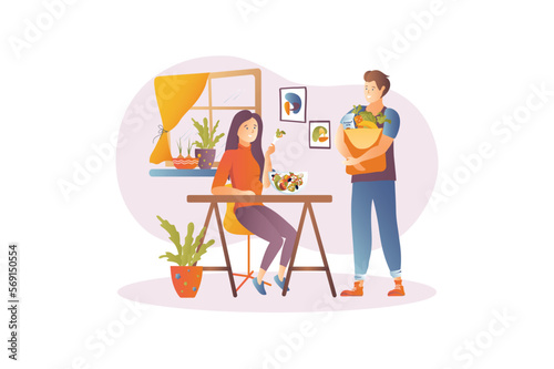 Vegan food concept with people scene in the flat cartoon design. Young couple has given up animal food and supports a vegan lifestyle. Vector illustration. © Andrey