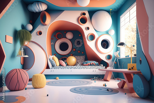 Cute surreal children's room. generative ai. Colorful kids room