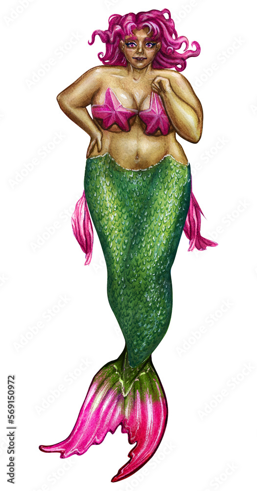 Mermaid drawing. Bodypositive. In a body with bright pink hair and a green tail. Watercolor drawing.
