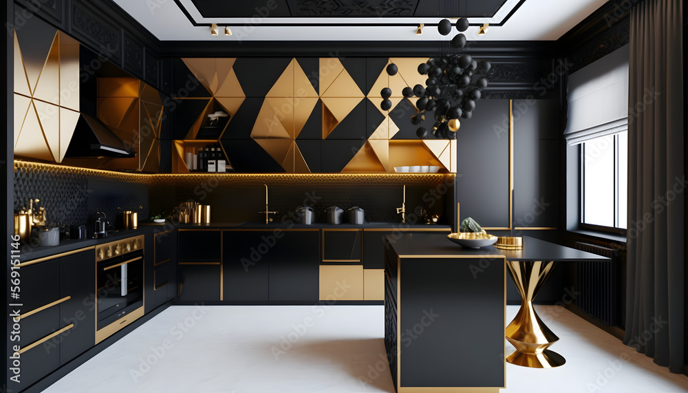 Black and Gold Luxury Kitchen Interior Design Stock Illustration