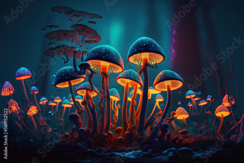 neon fluorescent mushrooms. Generative AI