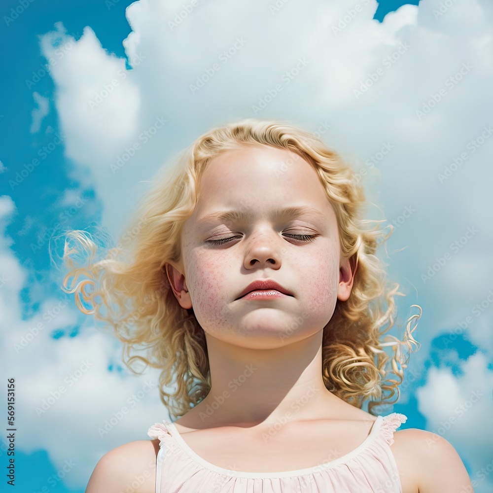 Portrait of a little cute, cheerful girl standing in children's clothes under a clear blue sky. White dense clouds background. Illustration, Generative AI. Portrait of a little cute, cheerful girl standing in children's clothes under a clear blue sky. White dense clouds background. Illustration, Generative AI.