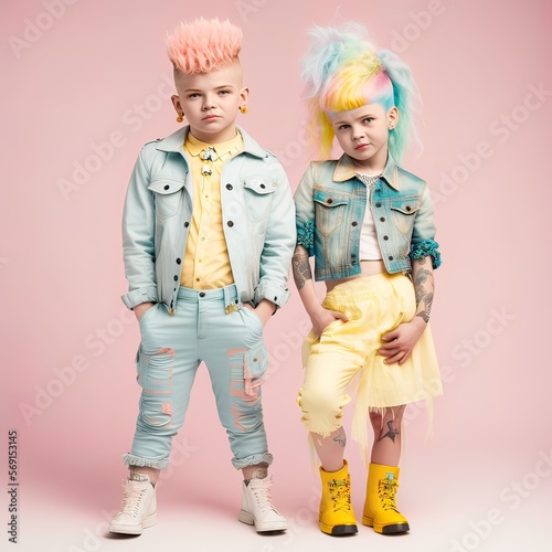 Small, cute, cheerful, punk kids, boy and girl standing and posing. Colorful shaggy modern hairstyle, rock and roll kids, kids cute clothes. Pastel background. Illustration, Generative AI. photo