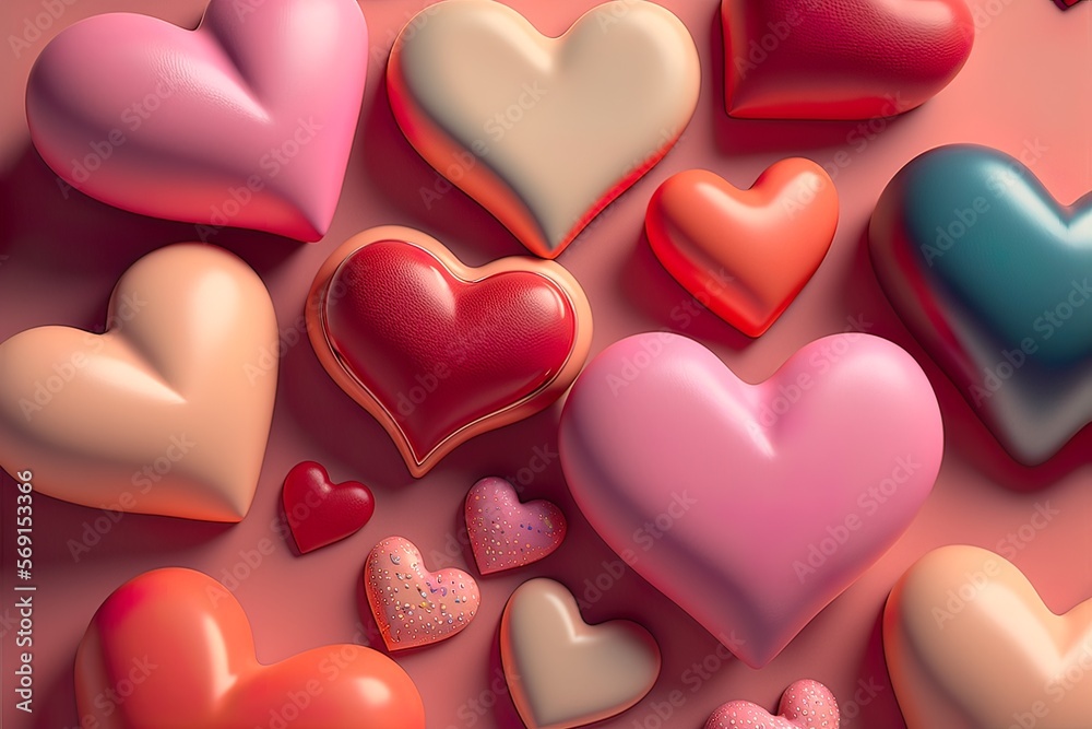 Creative Valentine's Day flat lay background, pattern of love pastel hearts, pink shades. Illustration, Generative AI.