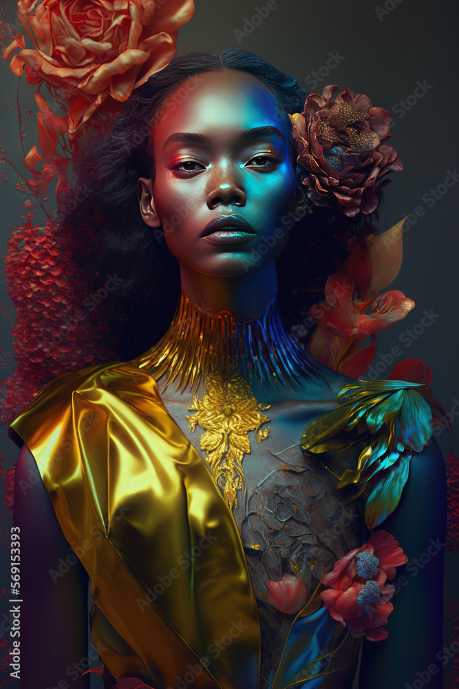 Fashion portrait black woman. Trending dress. Eco, flowers. Generative AI Fashion portrait black woman. Trending dress. Eco, flowers. Generative AI