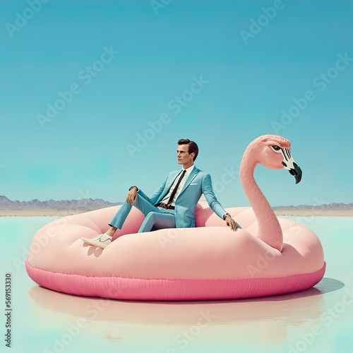 Abstract pastel pink creative concept in desert on hot sand, seashore big inflatable flamingo with young man in elegant suit enjoying on the beach. Illustration, Generative AI.