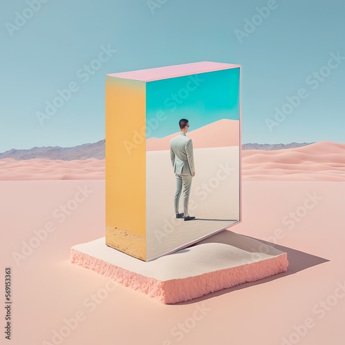 Abstract pastel pink creative concept in the desert on the hot sand, seashore big glass transparent cube shaped stand, young man enjoying on the beach. Illustration, Generative AI.