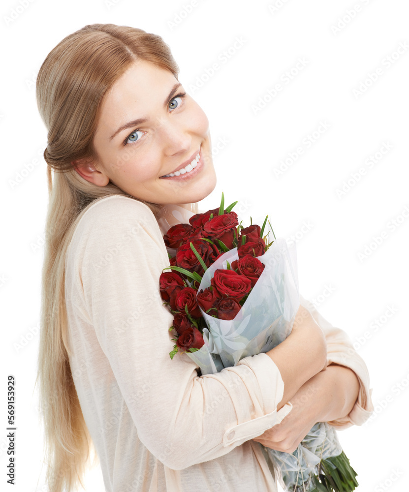 Woman hug roses, smile in portrait with gift for Valentines day, love and nature isolated on white background. Happiness, romance and female with red bouquet, holiday celebration and happy in studio Woman hug roses, smile in portrait with gift for Valentines day, love and nature isolated on white background. Happiness, romance and female with red bouquet, holiday celebration and happy in studio