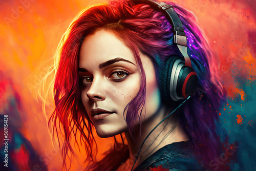 Young girl with headphones. Generative AI