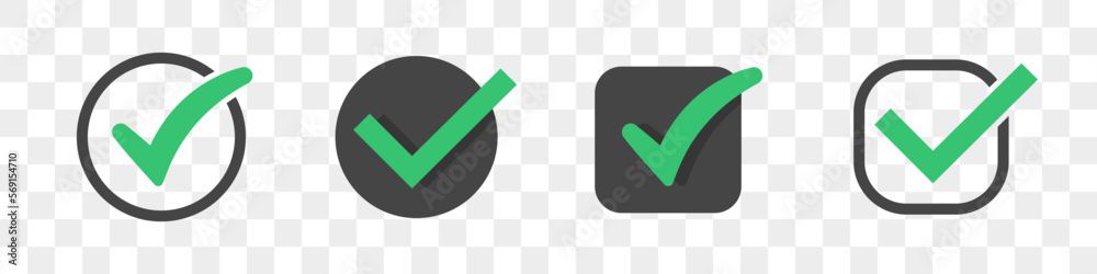 Set of different check icons on a transparent background. Green and ...