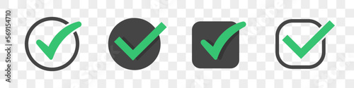 Set of different check icons on a transparent background. Green and black tick icons