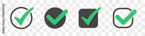 Set of different check icons on a transparent background. Green and black tick icons