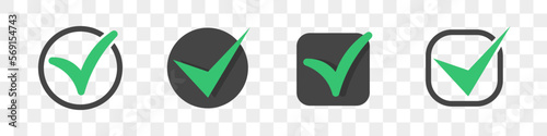 Set of different check icons on a transparent background. Green and black tick icons