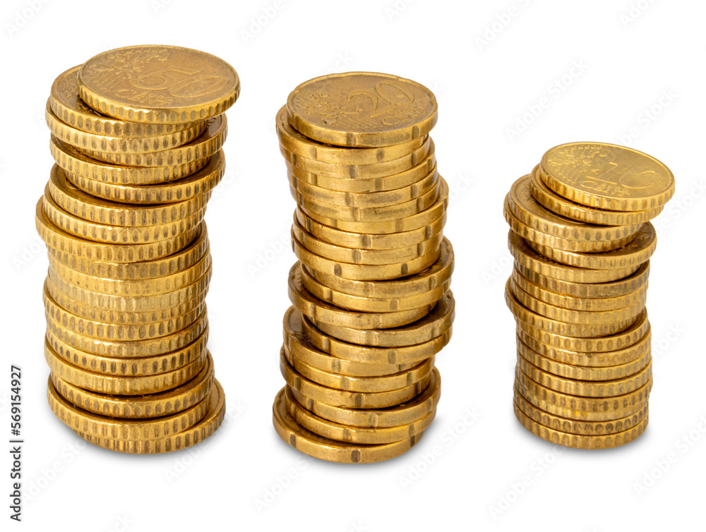 Stacks of gold colored coins of euro cents, cut out Stacks of gold colored coins of euro cents, cut out