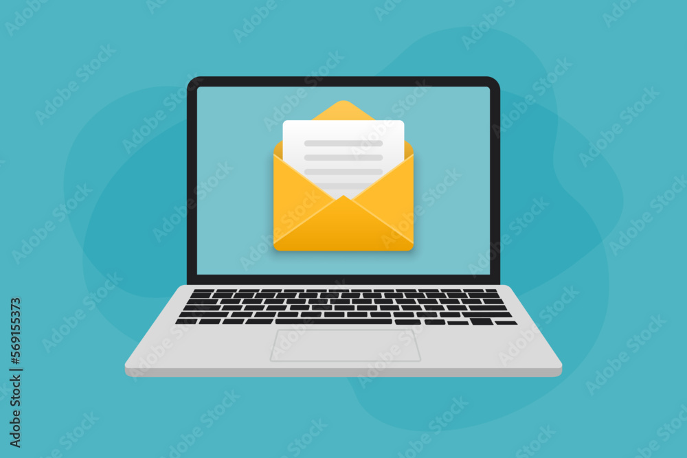 Laptop with electronic mail in a flat design. Open envelope in laptop screen Laptop with electronic mail in a flat design. Open envelope in laptop screen