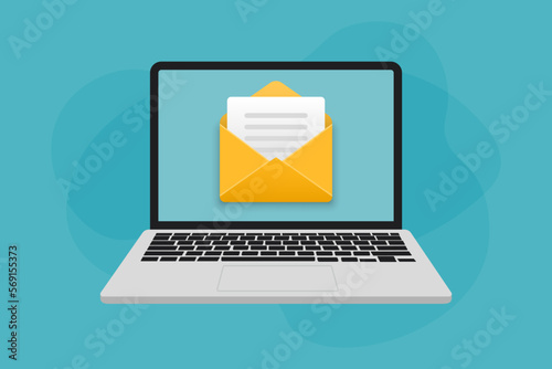 Laptop with electronic mail in a flat design. Open envelope in laptop screen