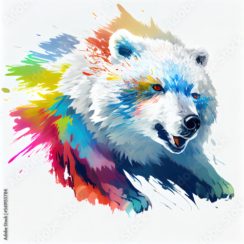 White bear in rainbow splashes, rainbow colored painting, Generative AI