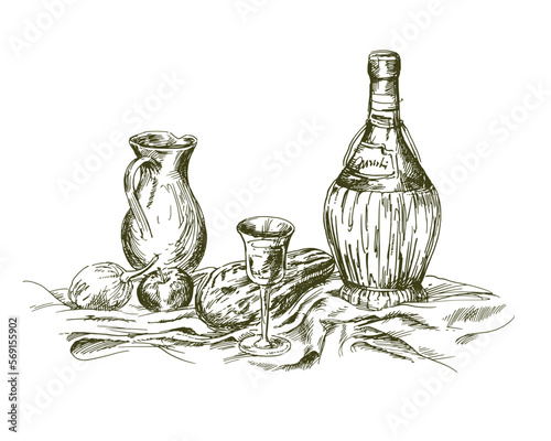 Still life with a glass and a bottle of wine.