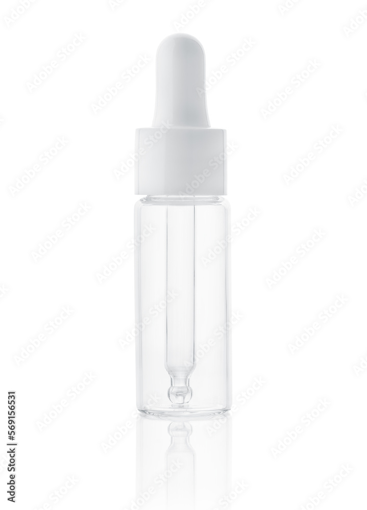 Glass bottle with pipette. Empty glass bottle with dropper, liquid essential and collagen serum isolated on white background. Cosmetic bottle of moisturizing face serum with pipette. Glass bottle with pipette. Empty glass bottle with dropper, liquid essential and collagen serum isolated on white background. Cosmetic bottle of moisturizing face serum with pipette.