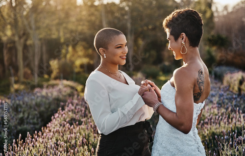 Принти на полотні Woman, lesbian couple and holding hands in marriage for wedding with smile for LGBT relationship in nature