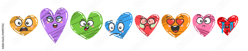 Heart Emoticon Set. Doodle faces, eyes and mouth for Valentine's Day and holidays of love. Caricature cartoon expressive emotions, smiling, crying and surprised character face expressions