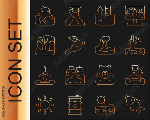 Set line Dead fish, Petrol or gas station, Withered tree, Rise in water level, Sprout hand, Glacier melting, Deforestation and Tsunami icon. Vector photo