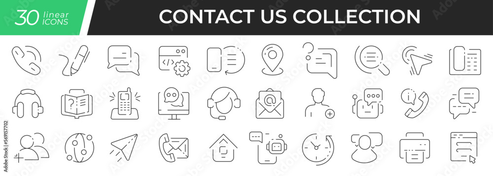 Contact us linear icons set. Collection of 30 icons in black