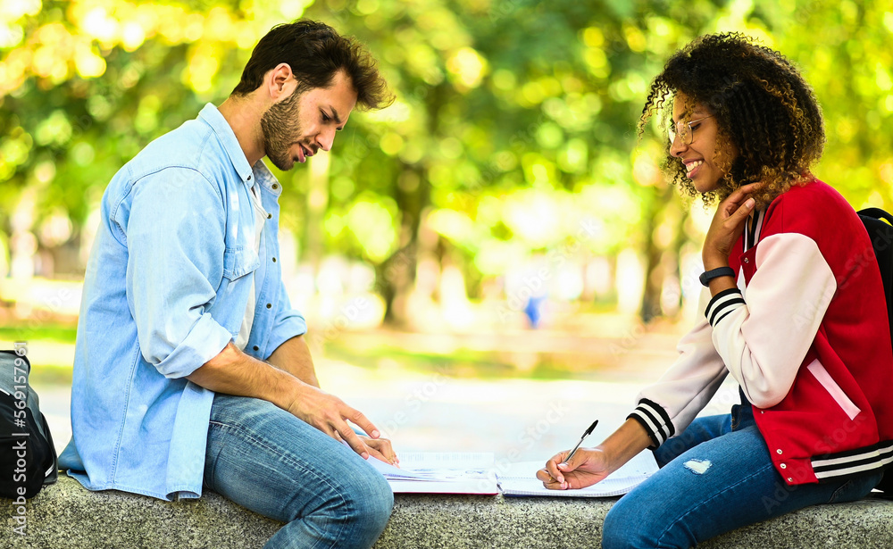 Two multiethnic students studying together sitting on a bench outdoor Two multiethnic students studying together sitting on a bench outdoor