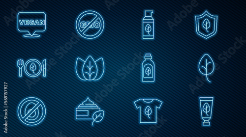 Set line Organic cosmetic, Leaf or leaves, Vegan food diet, Essential oil bottle and No GMO icon. Vector