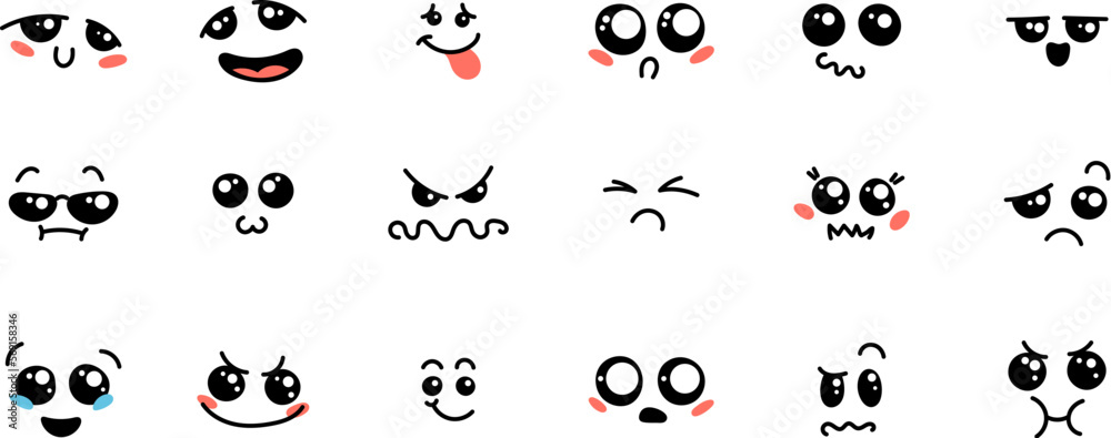 Various Cartoon Emoticons Set. Doodle faces, eyes and mouth. Caricature comic expressive emotions, smiling, crying and surprised character face expressions Various Cartoon Emoticons Set. Doodle faces, eyes and mouth. Caricature comic expressive emotions, smiling, crying and surprised character face expressions