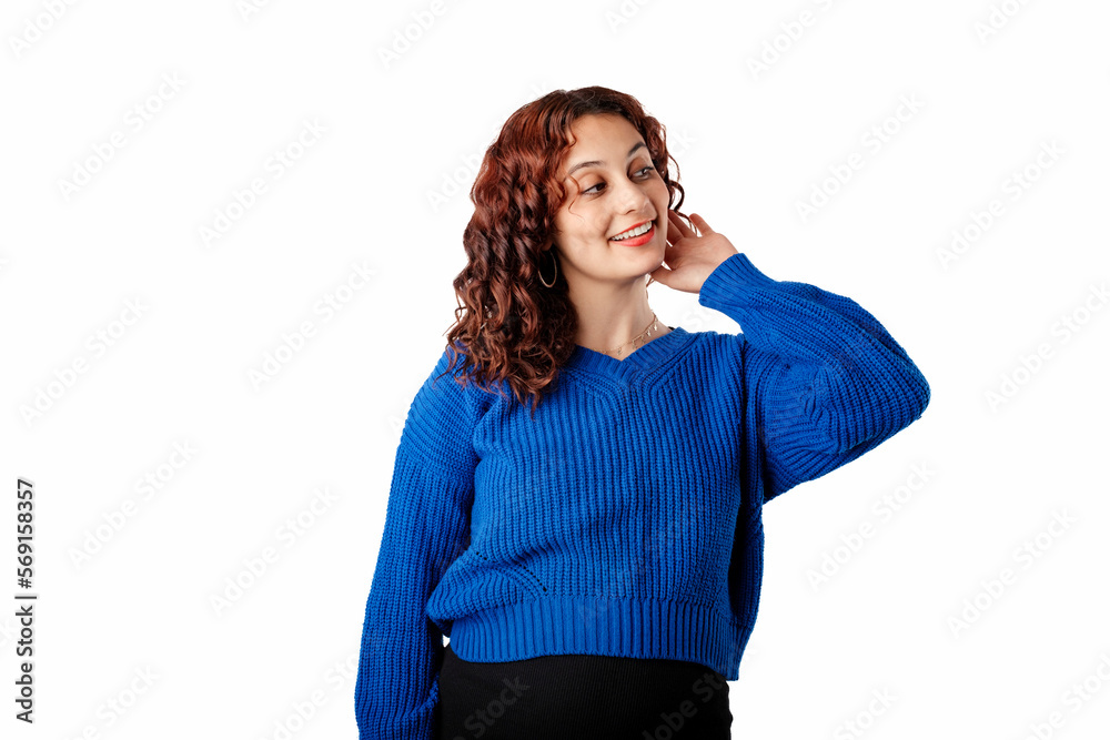 Young woman smiling confident standing isolated over white background laughing, looks at the empty copy space and listens to the gossip. Hearing things shouldn't hear, happy and laughs. Young woman smiling confident standing isolated over white background laughing, looks at the empty copy space and listens to the gossip. Hearing things shouldn't hear, happy and laughs.
