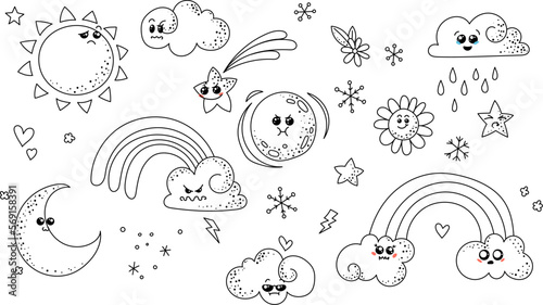 Cute doodle weather set. Kawaii emotional weather forecast. Cute sun, moon and happy clouds