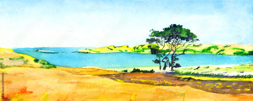 Fototapeta premium Watercolor landscape. Tree by the lake