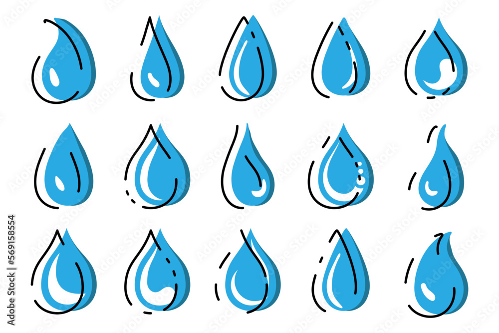 Water drops collection. Set of blue water drops icons Water drops collection. Set of blue water drops icons