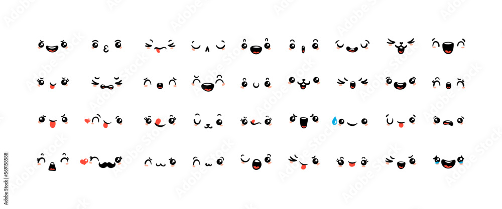 Various Cartoon Emoticons Set. Doodle faces, eyes and mouth. Caricature comic expressive emotions, smiling, crying and surprised character face expressions - obrazy, fototapety, plakaty 