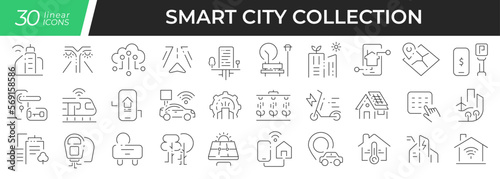 Smart city linear icons set. Collection of 30 icons in black