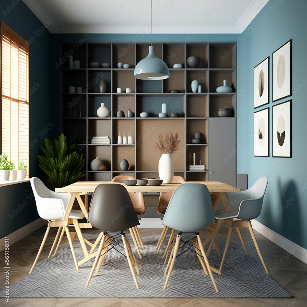 Interior design con tavolo e sedie in legno. Sala da pranzo moderna con  parete marrone e blu grigio. Interior design di libreria, Interno  domestico. rappresentazione 3d Stock Illustration