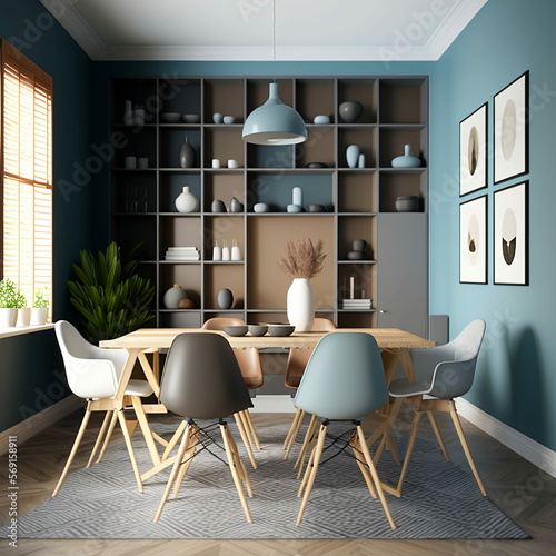 Interior design con tavolo e sedie in legno. Sala da pranzo moderna con parete marrone e blu grigio. Interior design di libreria, Interno domestico. rappresentazione 3d photo