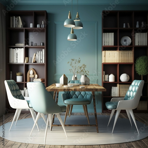 Interior design con tavolo e sedie in legno. Sala da pranzo moderna con parete marrone e blu grigio. Interior design di libreria, Interno domestico. rappresentazione 3d photo