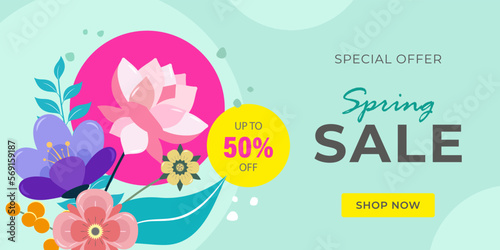 Banner spring sale discounts for goods up to 50% in the online store with bright flowers on a green background with text